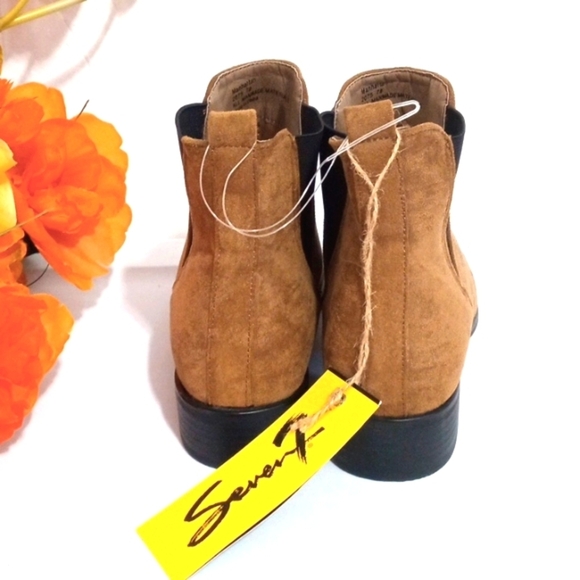 SEVEN 7 FAUX SUEDE LITE BROWN BLACK POINTED TOE PULL-ON ANKLE BOOTS SIZE 7 NWT - Picture 3 of 10
